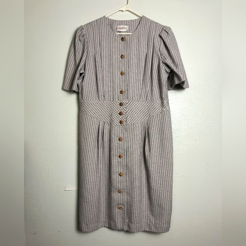 Success Dress Vintage Houndstooth Puff Sleeve Midi Dress